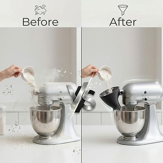 Flour Funnel Compatible for KitchenAid Mixer, Easy Pour No-Mess Attachment, Anti-Splash Attachment for Tilt-Head Stand Mixer 4.5 & 5 Quart (KSM150), Dishwasher Safe Baking Tool