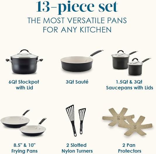 Rachael Ray Cucina Ceramic Nonstick Cookware Pots and Pans Set, 13-Piece, Peppercorn