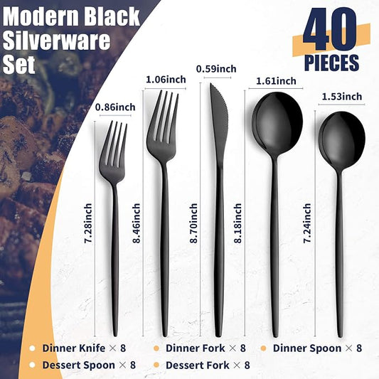 40 Piece Black Silverware Set, Stainless Steel Flatware Cutlery Set Service for 8 Including Forks Spoons Knives,Kitchen Utensil Set,Tableware for Home and Restaurant, Dishwasher Safe