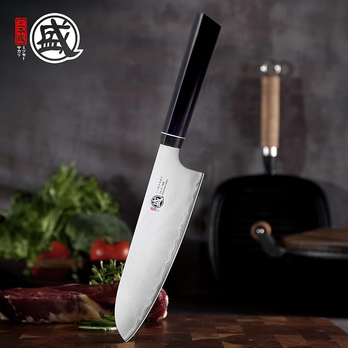 MITSUMOTO SAKARI Santoku Chef Knife 7 Inch, Japanese VG-10 Hand Forged Kitchen Knife for Meat & Vegetables, G10 Handle with Sandalwood Box