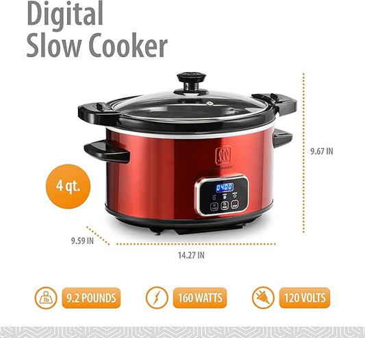 Toastmaster 4-Quart Digital Slow Cooker with Locking Lid - Food Warmer for Dip, Soups, Parties, Meal Preparation & More - Red