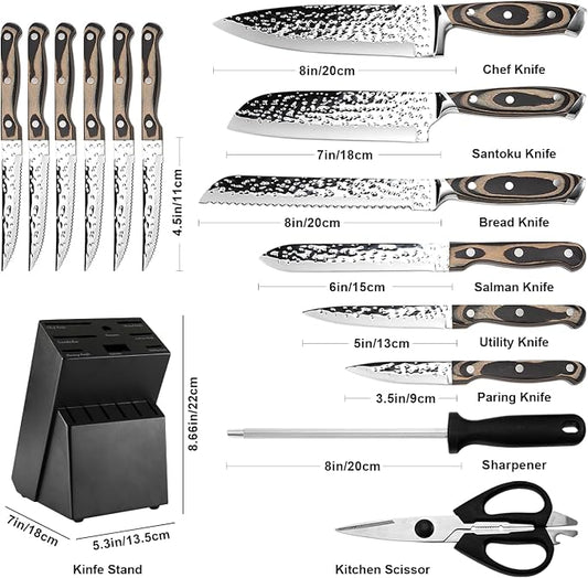 Knife Sets for Kitchen,15-piece Hammered Desgin Knife Set with Block and Sharpener, High Carbon Stainless Steel Chef Knives with Grey Triple Rivet Handle, Ultra Sharp and Dishwash Safe