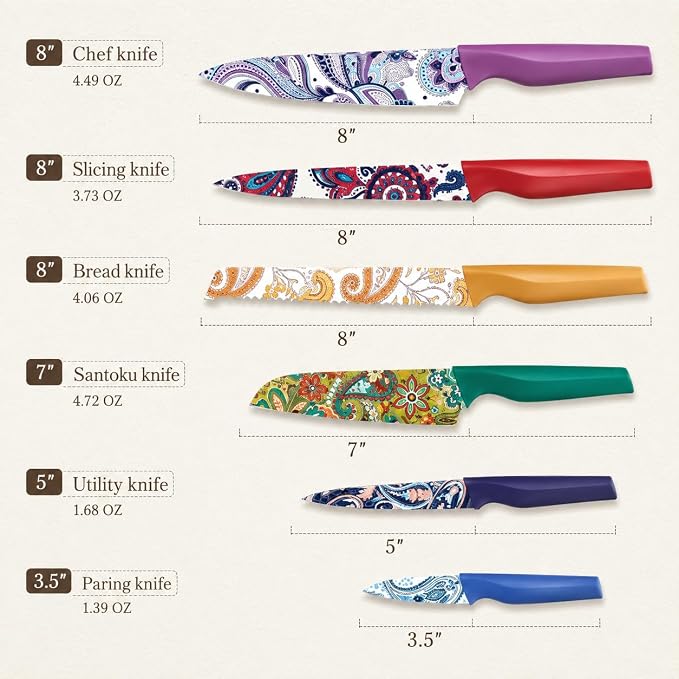 Astercook Paisley Pattern Knife Set with Cover, Dishwasher Safe Colorful Knives with 6 Knife Sheath, German Stainless Steel Rainbow Knife Set
