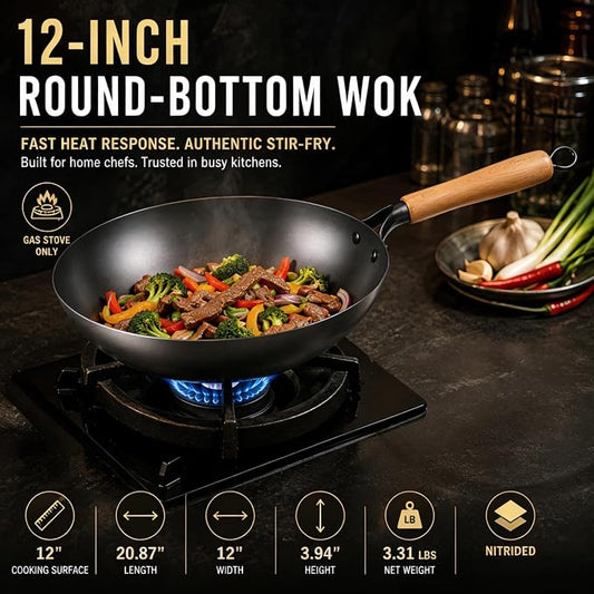 Calmabode 12” Round Bottom Carbon Steel Wok with Glass Lid | Traditional Chinese round-bottom wok for gas stoves, nitrided carbon steel, glass lid, ideal for wok hei and stir-fry