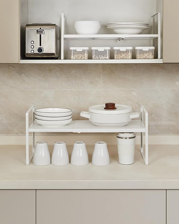 Nxconsu Expandable Cabinet Shelf Organizer Riser, 8.6" 2 Pack White | Heavy-Duty Steel Expandable Shelf Holds 50 lb, 5-Level Stackable Riser for Kitchen Cabinet Cupboard Pantry Counter Under Sink
