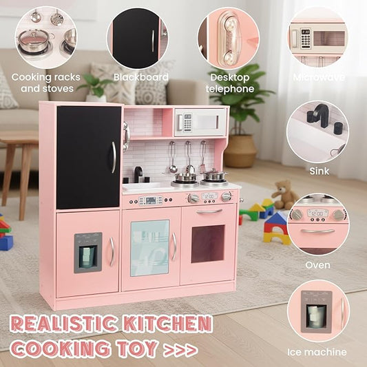 Kitchen Playset for Kids Ages 3-8, Wooden Kids Play Kitchen Chef Pretend Play Set for Toddlers, Toys Kitchen with Toy Food & Cookware Accessories