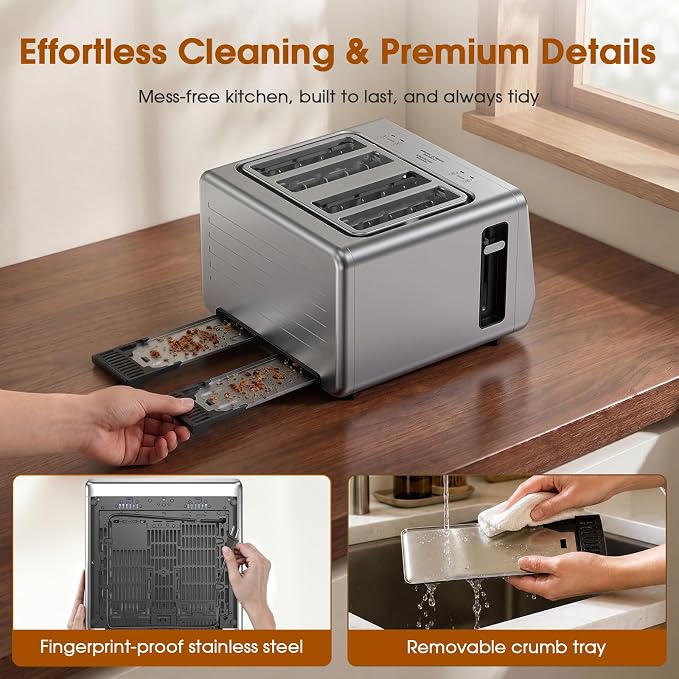 4 Slice Toaster with Dual Touchscreen, 1800W Stainless Steel Dual Zone Independent Control Extra Wide Slot 1.5 Inch, Smart BreadID Timer for Bagel Waffle, Kitchen Essentials