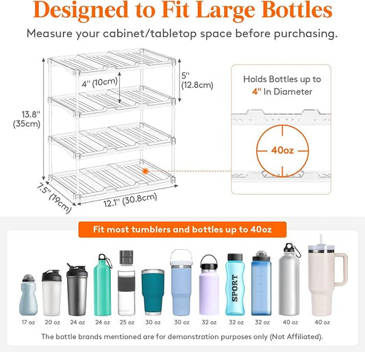 Lifewit Stackable Bottle Storage Organizer, Clear Freestanding Wine Holder for Cabinet, Large Slot Water Bottle Tumbler Cup Organizer for Pantry, Plastic Wine Rack for Fridge Cellar, 4Tier Hold 12