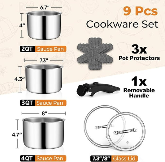 P&P CHEF Tri-Ply Cooking Pots and Sauce Pans, 9Pcs Stainless Steel Cookware Set with Removable Handle, Induction 2Qt Saucepan, 3Qt Small Pot & 4Qt Stock Pot, Oven & RV Safe to 500℉, Dishwasher Safe