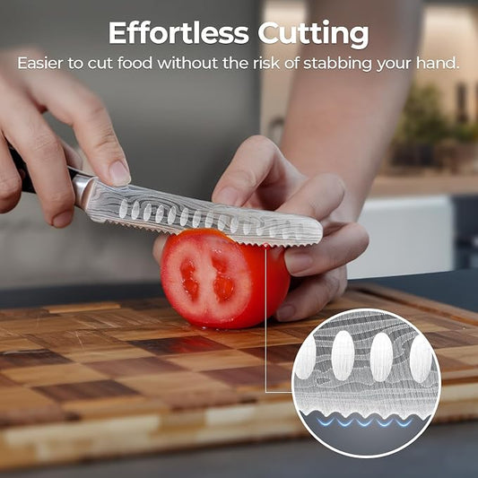 CoquusAid Kitchen Utility Knife, 5 inch Serrated Ultra Sharp Blade, Paring knives, Round Tip Tomato Knife, Ergonomic Handle, Full Tang – Forged High Carbon German Steel, Ideal for Gift (Black)