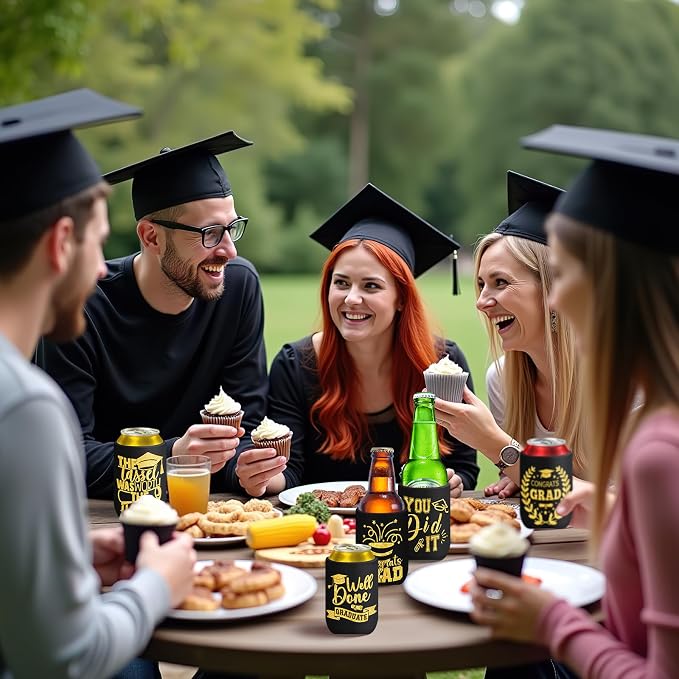 Graduation Can Cooler Sleeves, 18 Pack Black Gold Class of 2026 Neoprene Can Cover 9 Styles of Congrats Grad 12 OZ Drink Beer Soda Beverage for Graduation Party Supplies Gifts