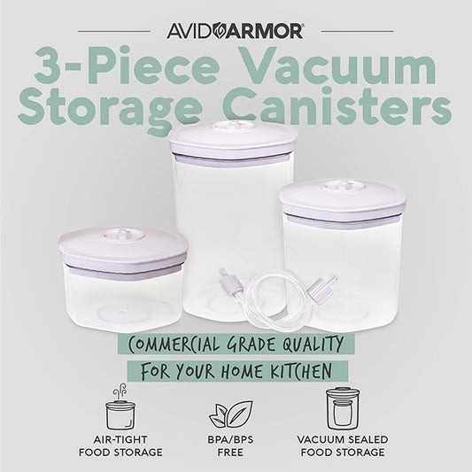 Avid Armor 3 Piece Vacuum Food Container Set for Home Kitchen with Accessory Hose in 2L, 1.4L, and 0.7L Sizes BPA Free