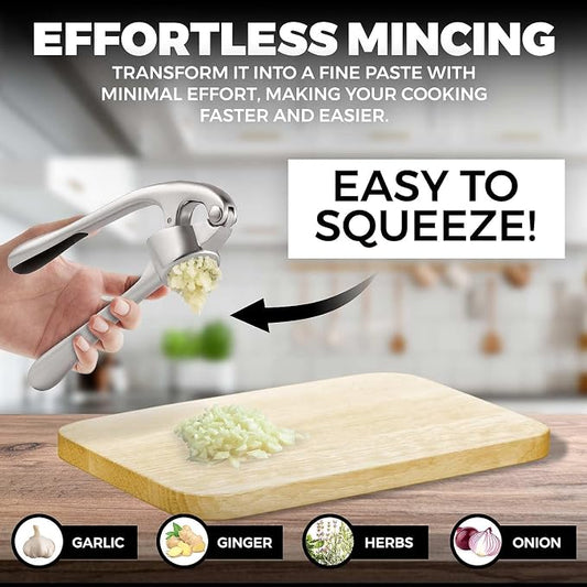 Premium Garlic Press Set - Stainless Steel Mincer Crusher Grater Tool with Silicone Peeler and Brush - Dishwasher Safe Metal Presser Grinder Smasher Masher Squeezer Shredder for Ginger, Butter, Herb