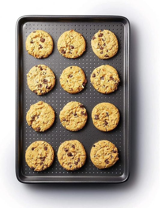 MasterClass Crusty Bake, Baking Tray with PTFE, PFOA and BPA Free Non Stick, Robust 1mm Thick Carbon Steel, Cookie Sheet, Perforated Holes for Ultimate Crisp, Ultra Double Layer, 39x27cm, Grey