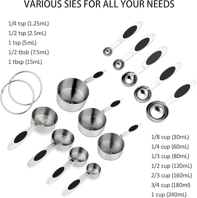 Magnetic Measuring Cups and Spoons Set, 12 Piece Stainless Steel Measuring Cups and Spoons Set, Nesting Kitchen Gadgets with Removable Clasp for Cooking & Baking (Black)