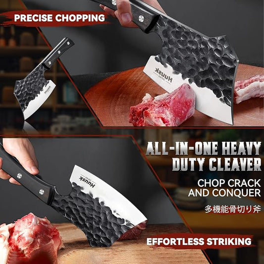 Huusk Meat Cleaver Knife Heavy Duty Bone Chopper, Hand Forged Kitchen Axe with Sheath, Full Tang Bone Chopping Knife, Japanese Butcher Knife for Meat Cutting, Fathers Day Gift Idea for Men Dad