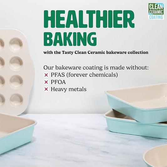Tasty Clean Ceramic Square Cake Pans Set, 2-Pack of 9-Inch Cake Pans, Durable Aluminized Steel for Professional Results, Clean Ceramic Nonstick Coating, Oven Safe to 425ยฐF, Dishwasher Safe, Aqua