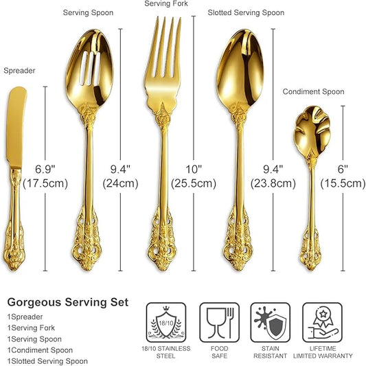 KEAWELL Gorgeous 5-Piece 18/10 Stainless Steel Hostess Serving Utensil Set, Dishwasher Safe (Gold)