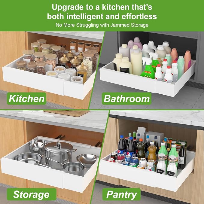 ANTOWIN 2-Pack Expandable Pull Out Cabinet Organizer 21" Deep(15.3"-26" W), 3 Full Extension Glides Slide Out Drawers, Roll Out Shelves Adhesive Raising Pad,Compatible Framed Cabinets,90lb Cap,White