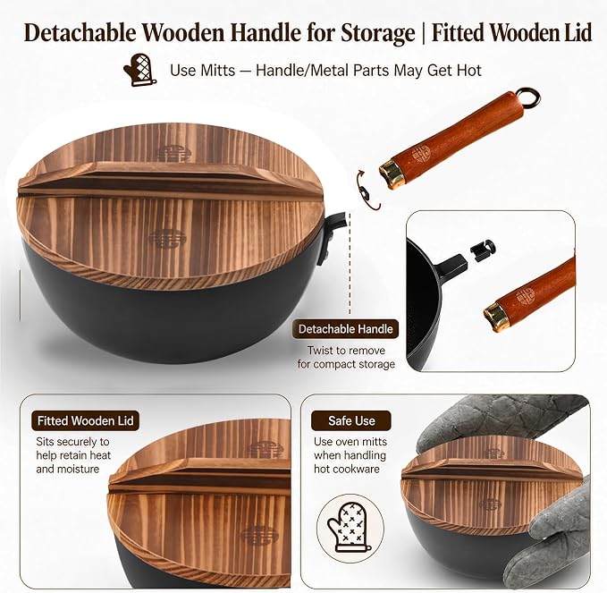 WANGYUANJI Carbon Steel Wok with Lid, 8.7" Small Mini Wok Pan, Thickened Heavy Duty Flat Bottom for Deep Frying, Camping & Solo Meals, Induction Ready, Seasoning Required