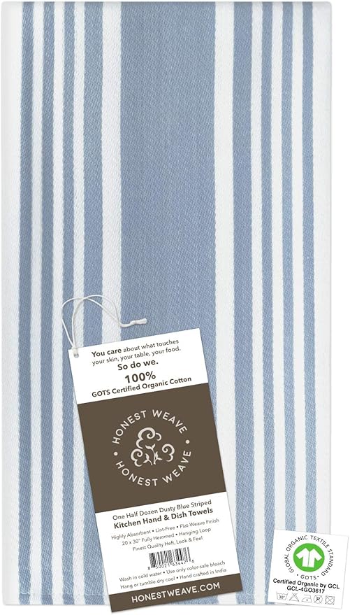 HONEST WEAVE GOTS Certified Organic Cotton Kitchen Hand and Dish Towel Sets - Oversized 20x30 inches, Fully Hemmed, in Designer Colors, 6-Pack, Dusty Blue Stripe