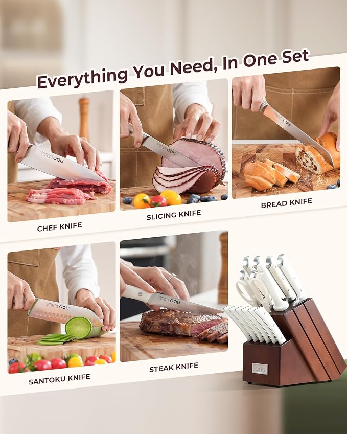 Knife Set, 15 Pcs German High Carbon Stainless Steel Kitchen Knife Set, Knife Sets with Block and Sharpener,Enduring Razor-Sharp FSC Wooden Knives Block Set for Kitchen,Brown