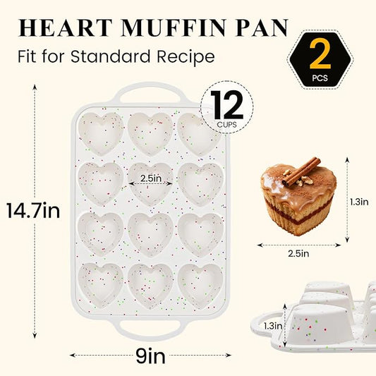 FUNBAKY 2 Pcs Heart Shaped Silicone Muffin Pan,Metal Reinforced Frame, 12-Cavity Nonstick Silicone Heart Mold for Muffins, Cupcakes, Bread,Chocolate Muffin and Tartlets