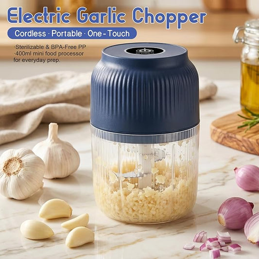 Electric Garlic Chopper, 2026 New Mini Food Processor & Food Chopper for Kitchen, Portable Cordless Garlic Mincer with 6 Stainless Steel Blades, Small Vegetable Chopper for Onion Salad (400ML Blue)