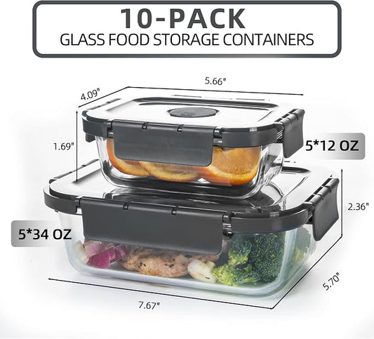 10 Pack Glass Food Storage Containers with Lids, Airtight Meal Prep Containers, Glass Lunch Containers Built in Air Vents, Dishwasher Safe, Grey