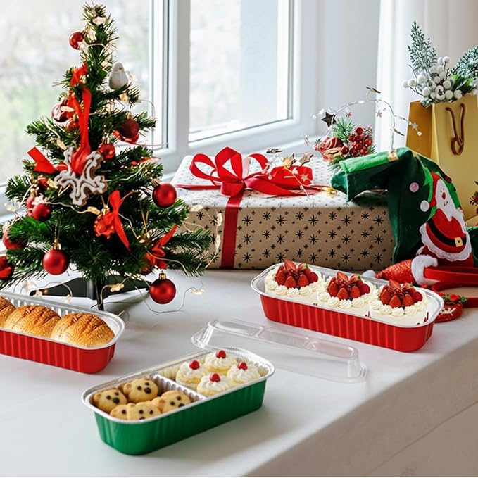 100PCS Red Mini Loaf Pan with Lids and Spoons 6.8oz Rectangular Aluminum Foil Bread Pan 10oz Square Cake Cup with Decal Disposable Baking Supply for Graduate Wedding Birthday