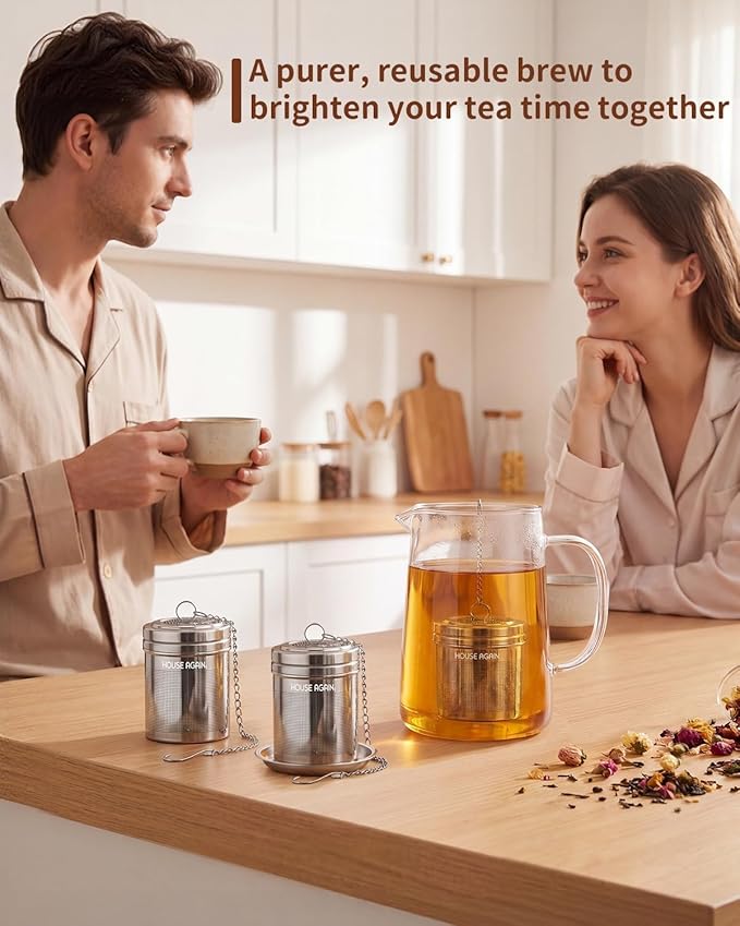 House Again 2 Pack Tea Strainers for Loose Tea, Extra Fine Mesh Tea Infusers, 304 Stainless Steel with Extended Chain Hook, Loose Leaf Tea Steeper, Tea Filter for Brew Tea Spices & Seasoning