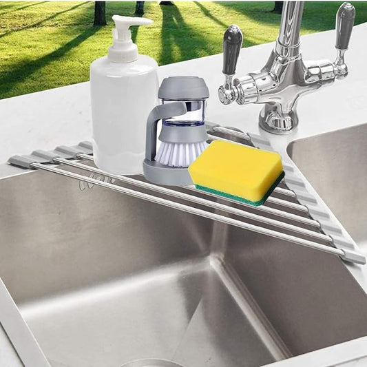 Triangle Dish Drying Rack for Sink Corner Roll Up Folding Stainless Steel Multipurpose Over The Sink Dish Drainer Mat for Kitchen (Grey)