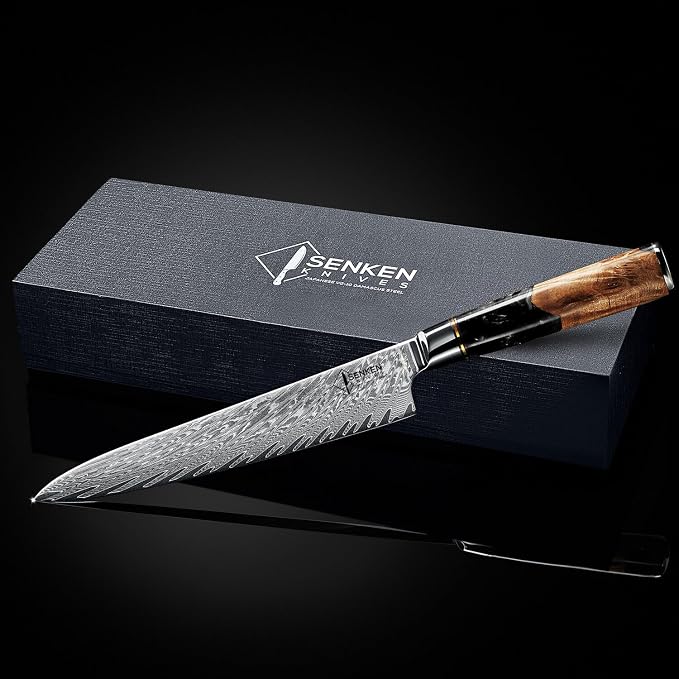 SENKEN Damascus Steel Chef's Knife - Tsunami Collection - 67-Layer Japanese VG10 Steel Core - Unique Black Resin & Natural Wood Handle, Razor Sharp, Beautiful Damascus Wave Pattern (Black)