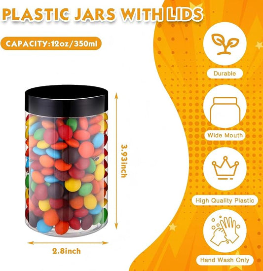 SATINIOR 24 Pieces Empty Clear Plastic Jars with Lids Round Storage Containers Wide Mouth for Beauty Product Cosmetic Cream Lotion Liquid Butter Craft and Food(Black Lid,12 oz)
