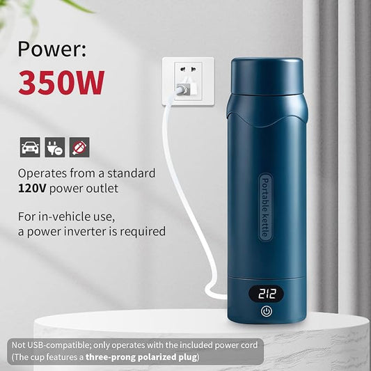 Insulated Stainless Steel Electric Kettle Small, Smart Water Bottle with 4 temperature control, Leak-Proof, Mini Travel Essentials Portable Office Gifts for Tea Lovers, Dark Blue