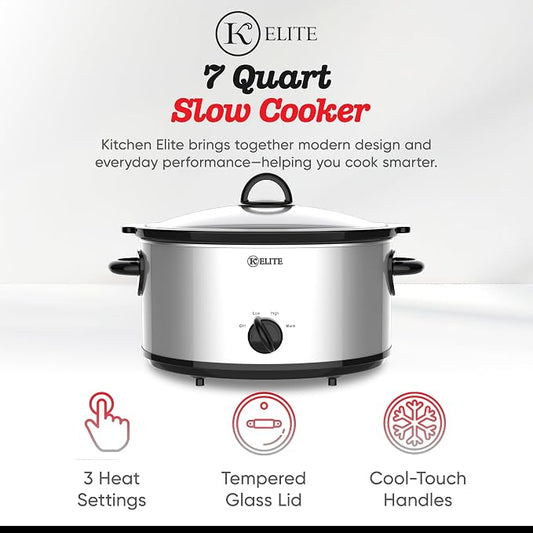Kitchen Elite 7 Quart Slow Cooker for Large Families, Stainless Steel Crock Pot with 3 Heat Settings, Dishwasher-Safe Ceramic Pot & Tempered Glass Lid