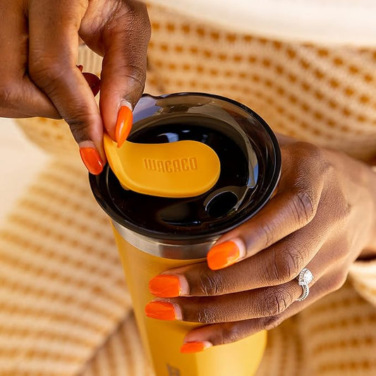 WACACO Octaroma Grande Vacuum Insulated Coffee Mug, 15 fl oz (435ml), Double-wall Stainless Steel Travel Tumbler With Drinking Lid, Amber Yellow