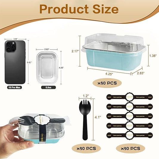 Mini Loaf Pans With Lids And Spoons 50 Pack,5.5 Oz Rectangle Mini Individual Cake Tins Disposable Small Aluminum Foil Baking Pans(50, Wathet)