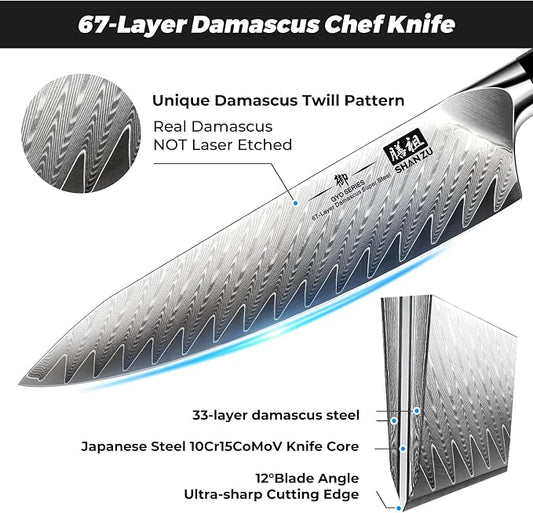 SHAN ZU Damascus Chef Knife 8 inch, 67-Layer High Carbon Steel Kitchen Knife,Ultra Sharp Japanese Chef Knife,Professional Kitchen Utility Knives with G10 Ergonomic Handle Cooking Knife with Gift Box