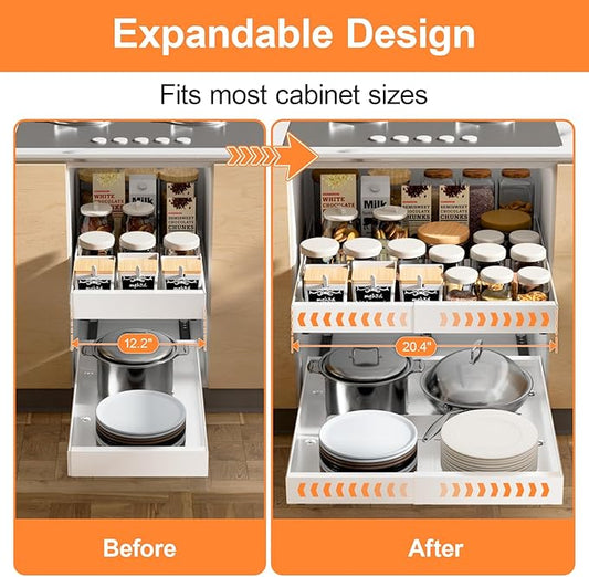 YJHome 2 Pack Pull Out Cabinet Organizer, No Drill Expandable Width 12"-20" & 21" Depth, Adhesive or Screw-In Installation, Magnetic Divider for Custom Storage, for Kitchen Pantry Bathroom Cabinet