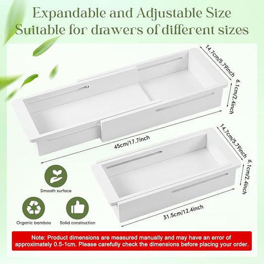 LemonRoad 1 Pcs Sliding Drawer Organizer 12.4-17.7 Inch Bin Bamboo Drawer Expandable Bins Utensil Organizer for Kitchen Spoons Forks Knives (White)