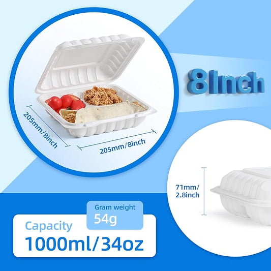 YANGRUI 150-Pack 34oz 8" White Hinged Containers - Mineral-Filled PP | Clean Packed Ready to Use | Heavy Duty Meal Prep & Takeout Boxes | Microwave Safe BPA Free, Stackable Clamshell for Leftovers
