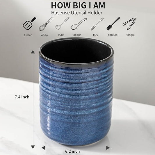 HASENSE Large Ceramic Utensil Holder, 7.4" Kitchen Utensil Crock for Countertop, Modern Farmhouse Utensil Organizer Caddy for Cooking Utensil Set, Blue Kitchen Decor