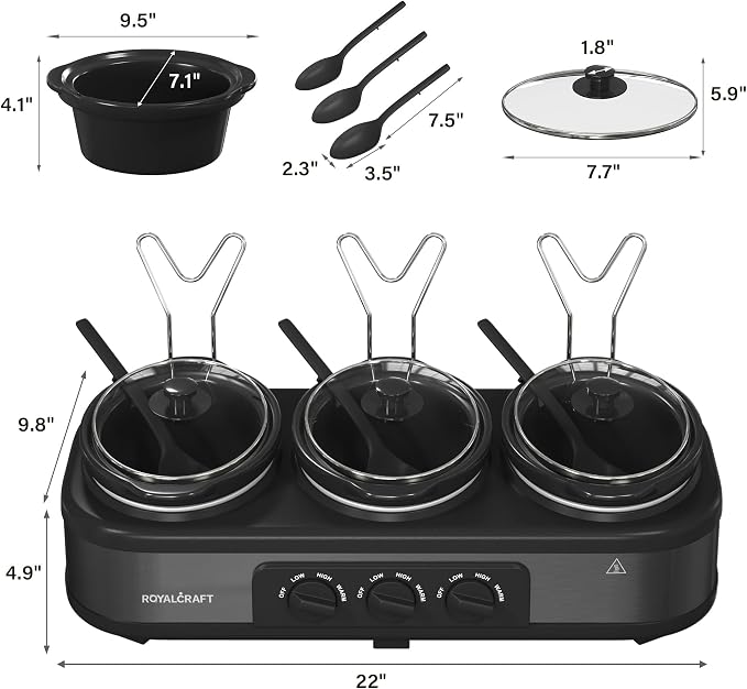 Sunvivi Triple Slow Cooker Buffet Server with 10 Cooking Liners, Adjustable Temperature Settings, for Parties, Holidays and Entertaining, Dishwasher Safe, 3 * 1.5 Quarts Grey