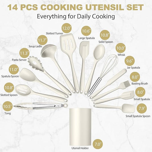 LIANYU 14 Pcs Kitchen Utensils Set with Holder, Silicone Cooking Utensils Spatula Set, Heat Resistant Cookware Tools Includes Spoon Turner Whisk Tong, Dishwasher safe, Cream White