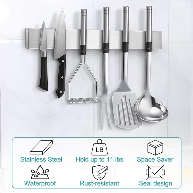 Magnetic Knife Holder for Wall, No Drilling Magnetic Knife Strip Adhesive Knife Holder Magnet Knife Bar, Wall Mount Knife Rack Block Metal Tool Holder for Utensils RV Kitchen Organization, 12 Inch