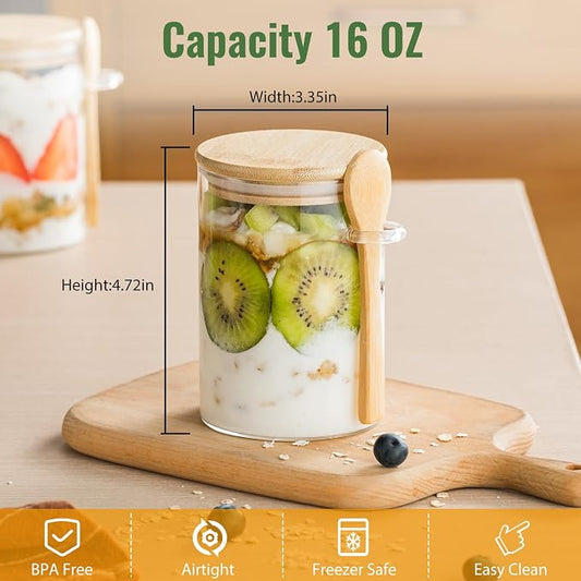 6 Pack 16oz Glass Jars with Bamboo Lids and Spoon,Overnight Oats Container,Round Glass Containers for Food,Oatmeal,Yogurt,Snack,Spice,Meal prep,Chia seed pudding and Salad Jar