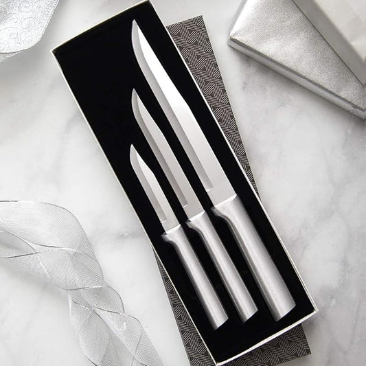 Rada Cutlery Housewarming Gift Set (S02) 3-Piece Knife Set with Quick Edge Sharpener (R119), Stainless Steel Blades, Silver Handle