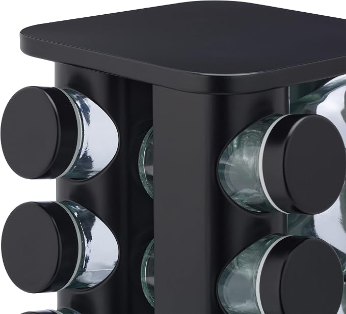 Relaxdays Spice Rack with 12 Spice Jars Refillable with Shaker Insert Rotating Spice Carousel Stainless Steel Black