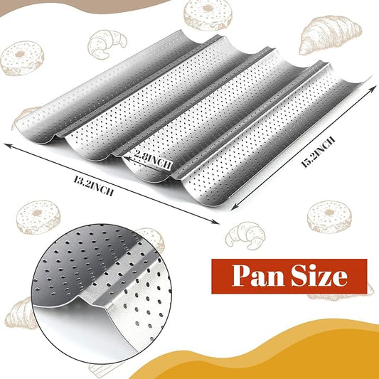 Mifoci 6 Pcs Baguette Bread Pan Nonstick Perforated Baguette Pan 15" x 13" Carbon Steel Mold 4 Wave Loaves Loaf Oven Tray for Sourdough French Bread Baking(Silver)